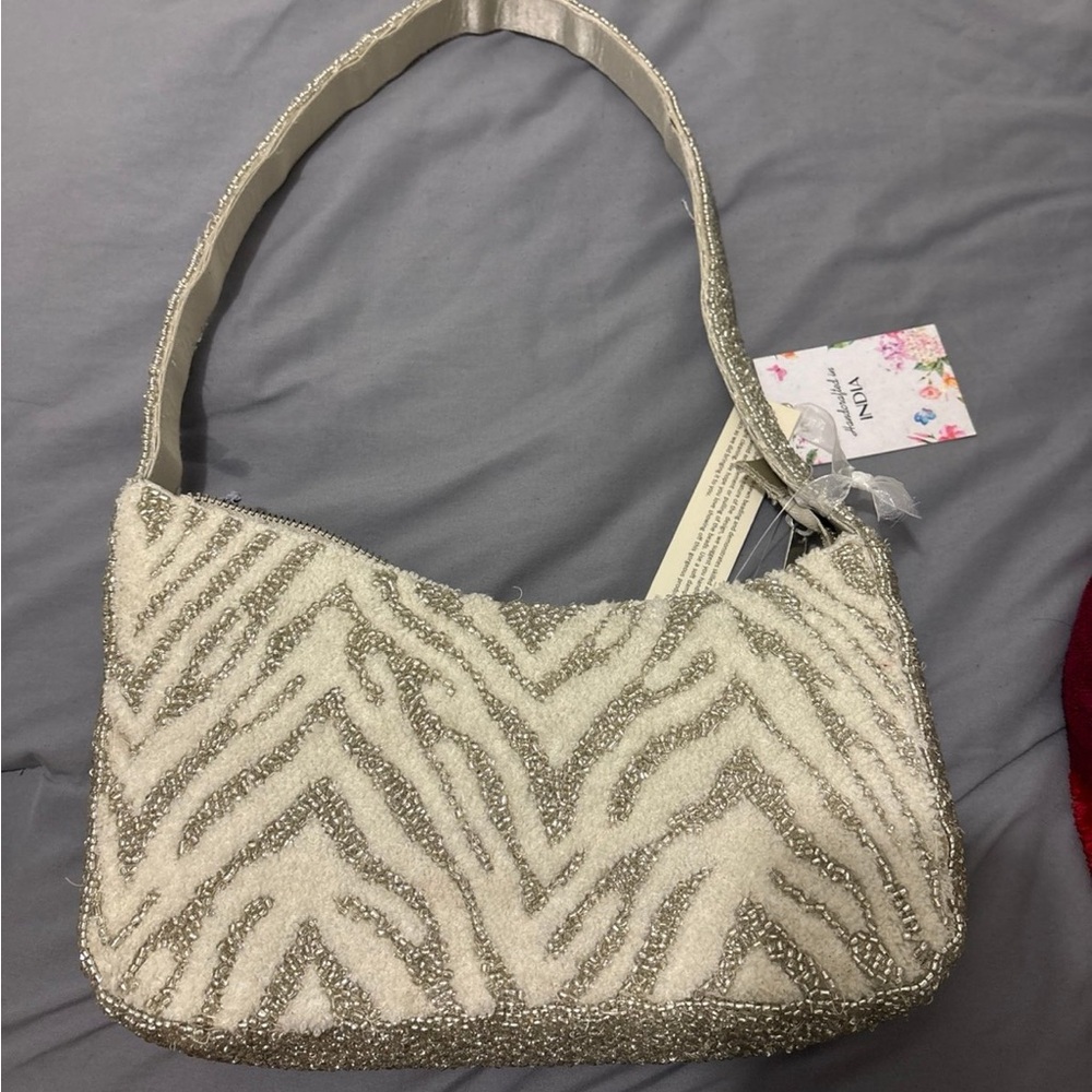 Silver Shoulder Sherpa Beaded Purse